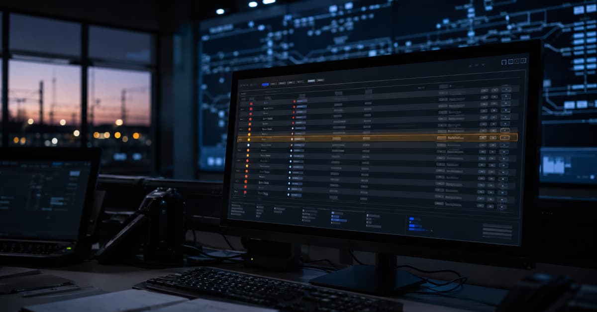 A rail control-room workstation at dusk showing a structured alarm list, with a small cluster of alarms colour-coded by priority and one high-priority row highlighted in warm amber against cool blue network status displays, suggesting alarms being managed rather than merely raised.