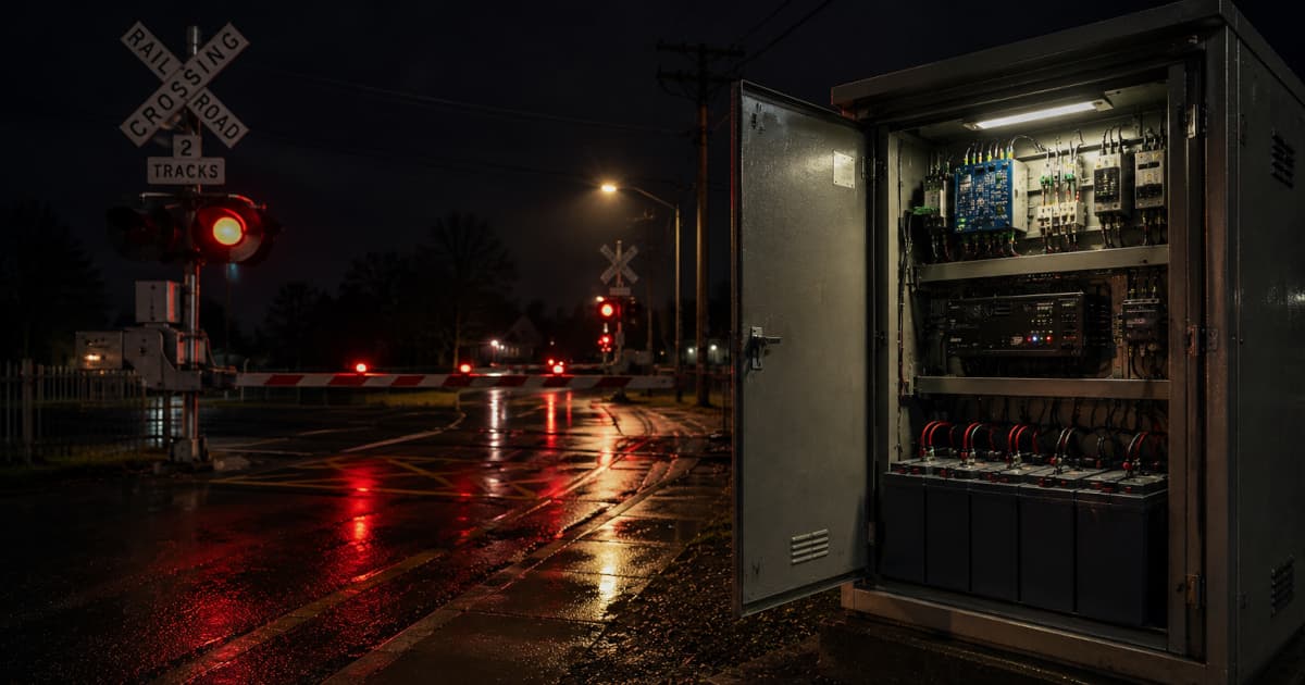 Open level crossing signalling cabinet at night showing the battery bank, charger, and control modules inside, with the crossing's red flashers and lowered boom visible in the background.