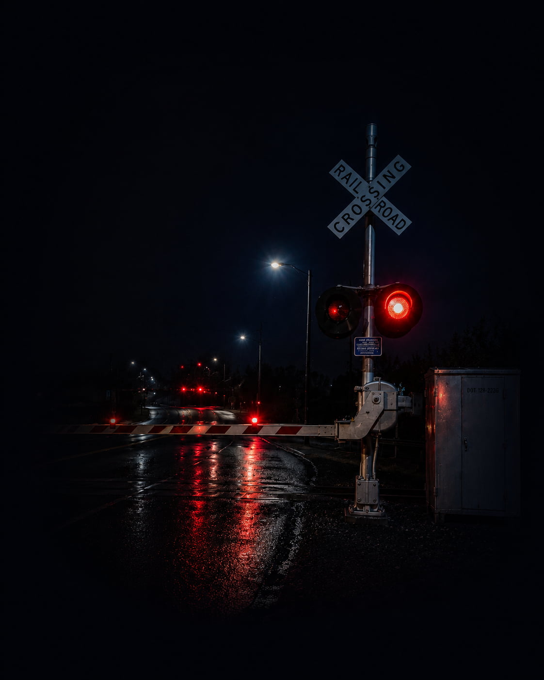 Rail level crossing at dusk — boom gate down, flashing red signals, wet road reflecting streetlights, equipment cabinet on the verge.